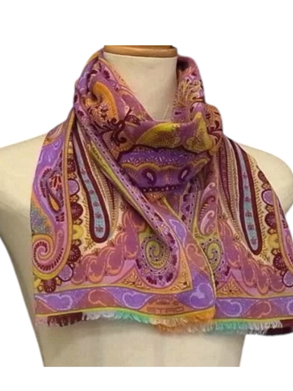 Etro Paisley Silk-Wool Scarf in Purple, Gold and Pink